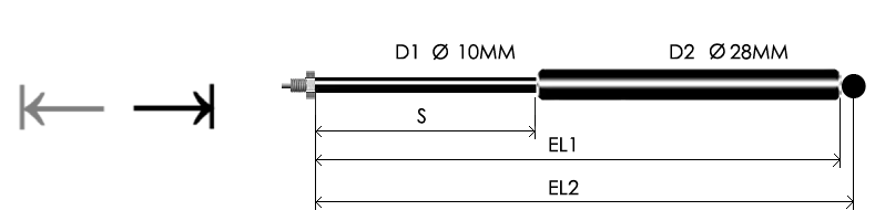 Lockable gas compression spring 1028-3, semi-rigid in compression, rigid in extension, Ø10/28 mm